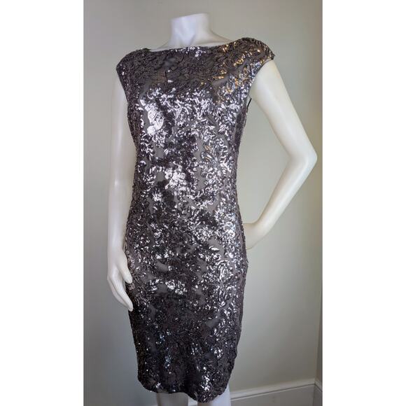 Ralph Lauren Gray Silver Sequin Tulle Evening Sheath Dress Keyhole Back Size 10 - Picture 2 of 12